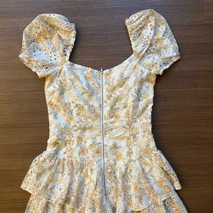 Bardot, mini cocktail dress, size M / 8. Yellow and white.
